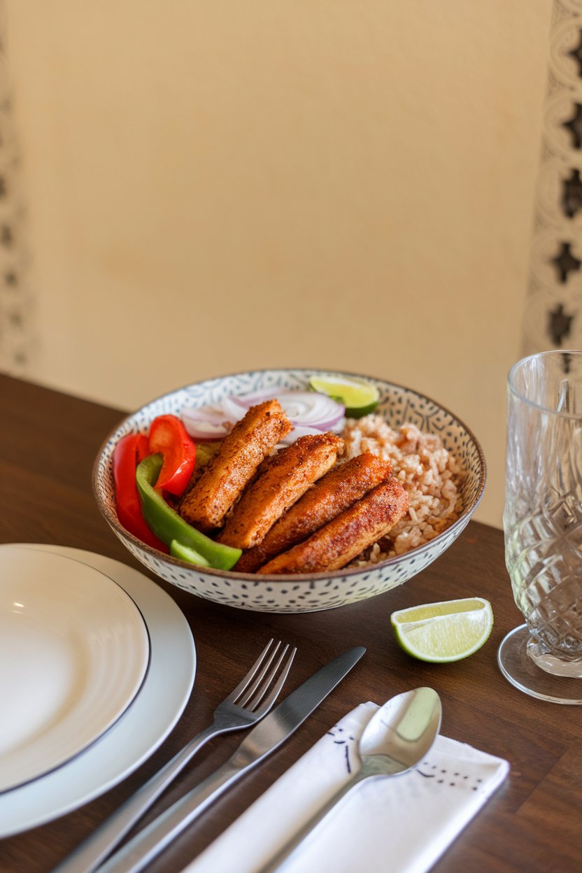 Indoor dining table featuring a bowl of spiced chicken strips, bell peppers, onions, and brown rice, lime wedge on side; no text or logos; photo.