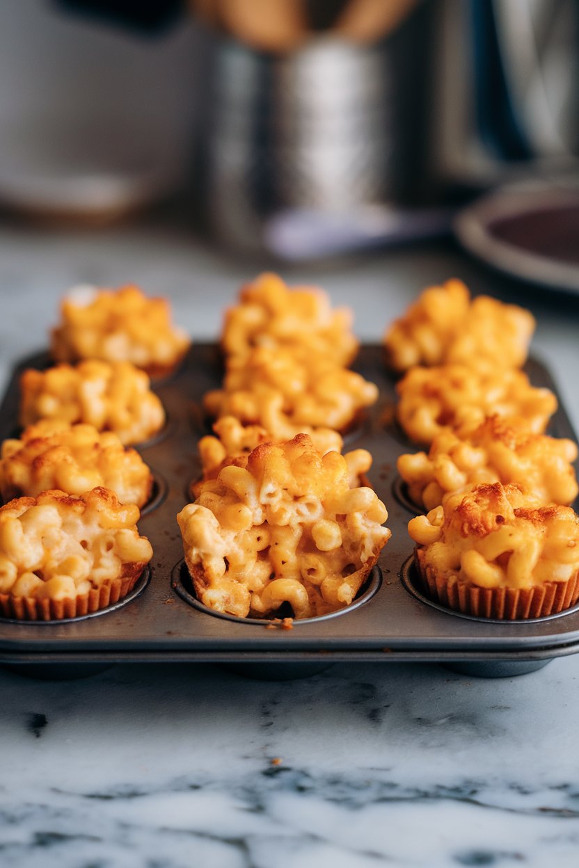 Indoor kitchen tray of mini muffin-tin mac and cheese bites with golden breadcrumb tops, a few removed to show creamy interiors. No text or logos.