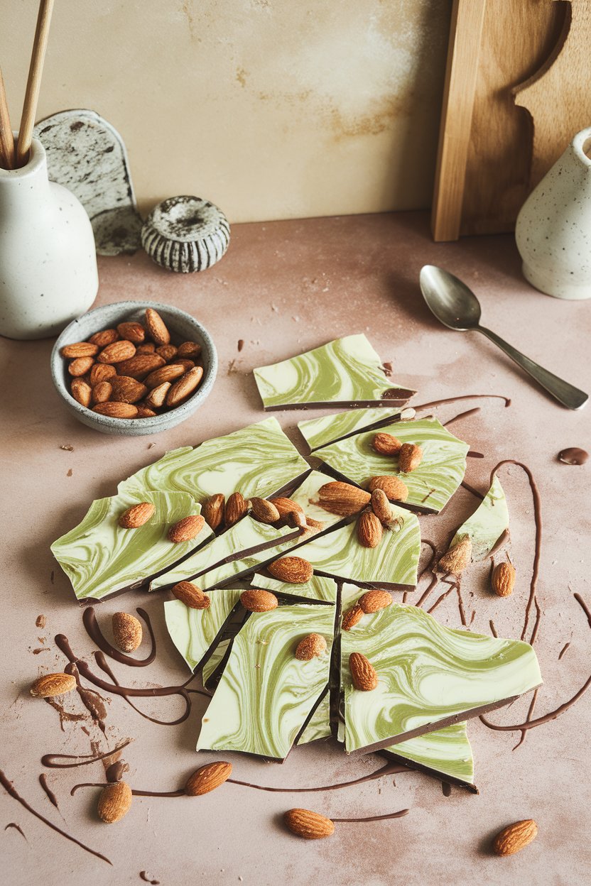 Indoor kitchen counter with shards of white chocolate bark marbled with matcha green swirls and sprinkled with toasted almonds. No text or logos.
