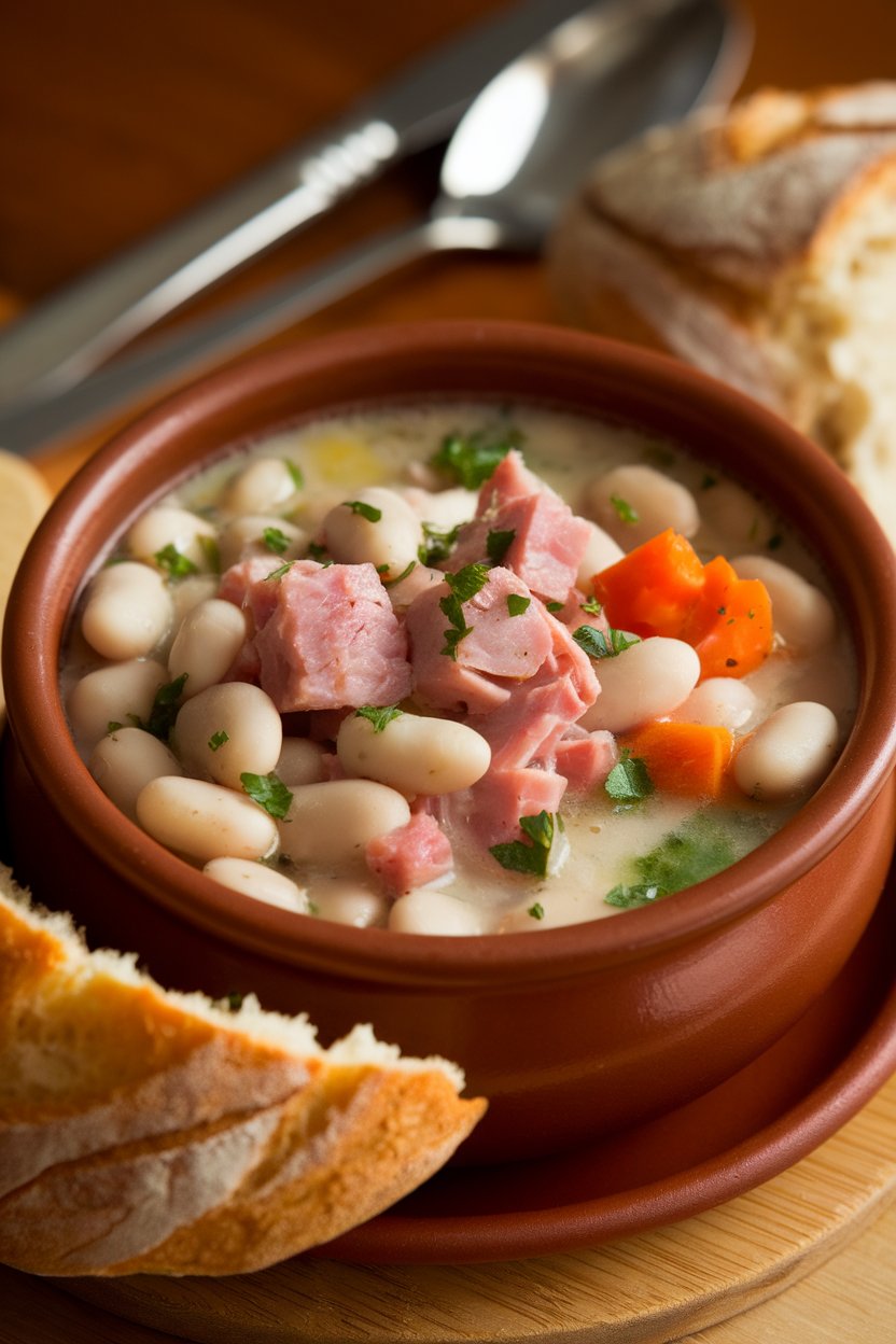 Warm indoor photo of a clay bowl brimming with white bean and ham soup, with diced carrots and herbs visible. No text or logos. Photo.