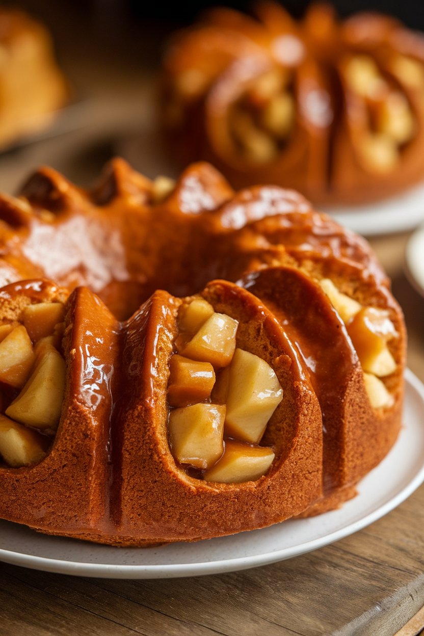 Photo showing a glazed king cake with caramel-coated apple chunks visible in cross-section; indoor setting; no text or logos.
