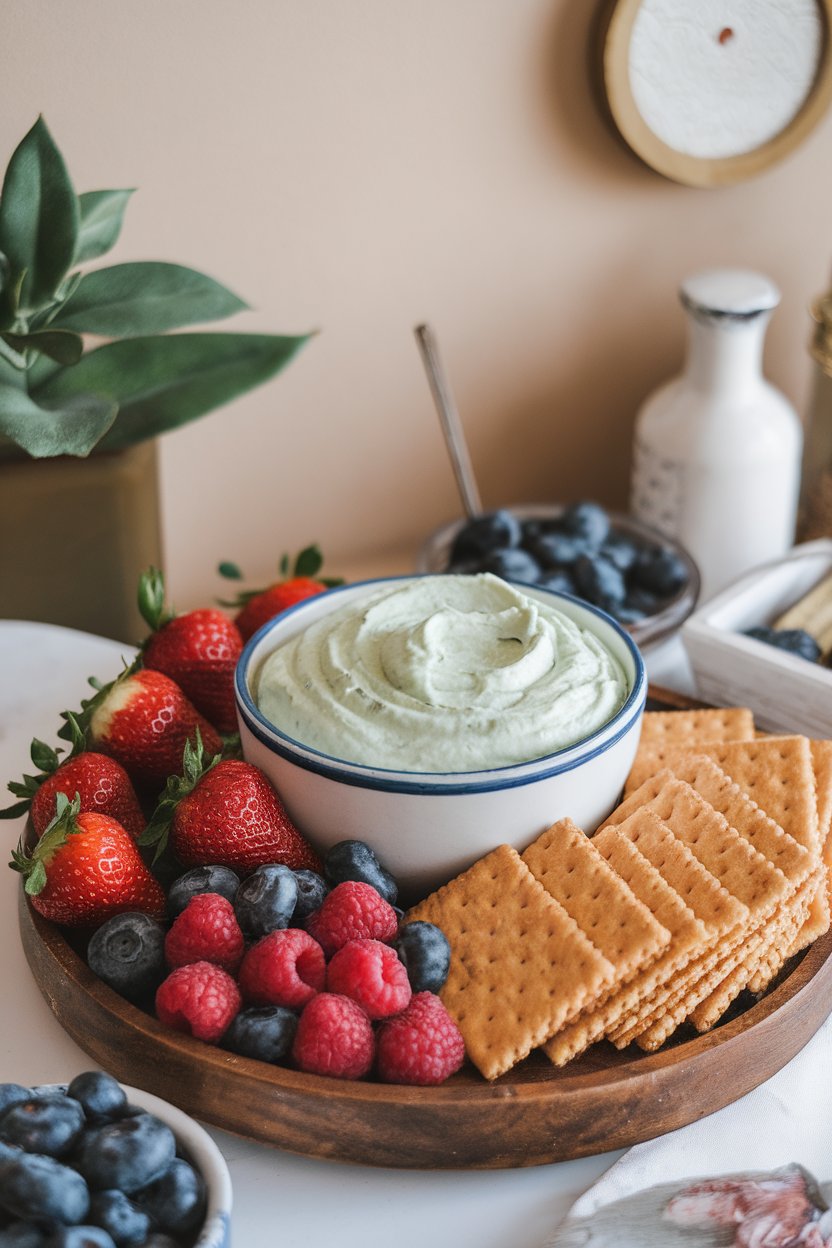 An indoor snack board with a bowl of creamy light-green cheesecake dip and graham crackers alongside, no text or logos. Photo only.
