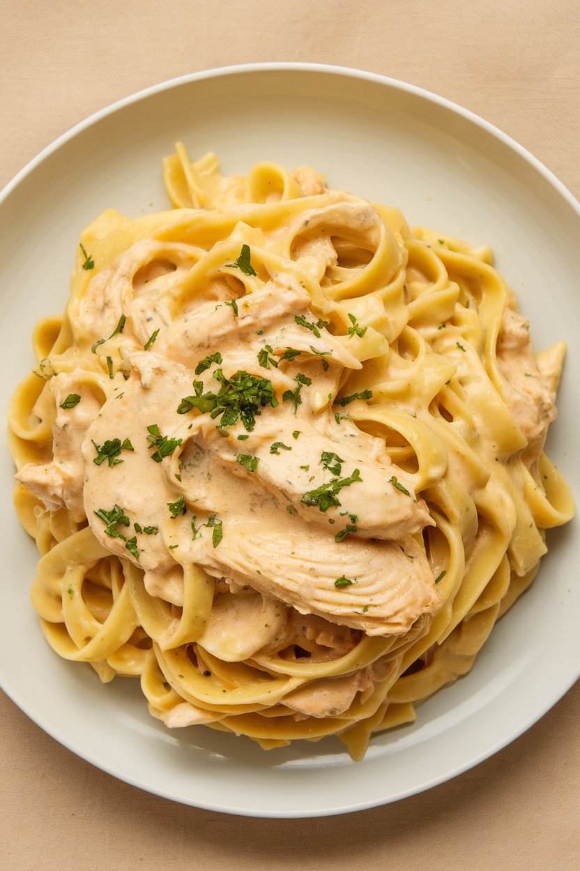 Indoor plate of fettuccine twirled with creamy chicken Alfredo, parsley sprinkled on top. No logos or text.