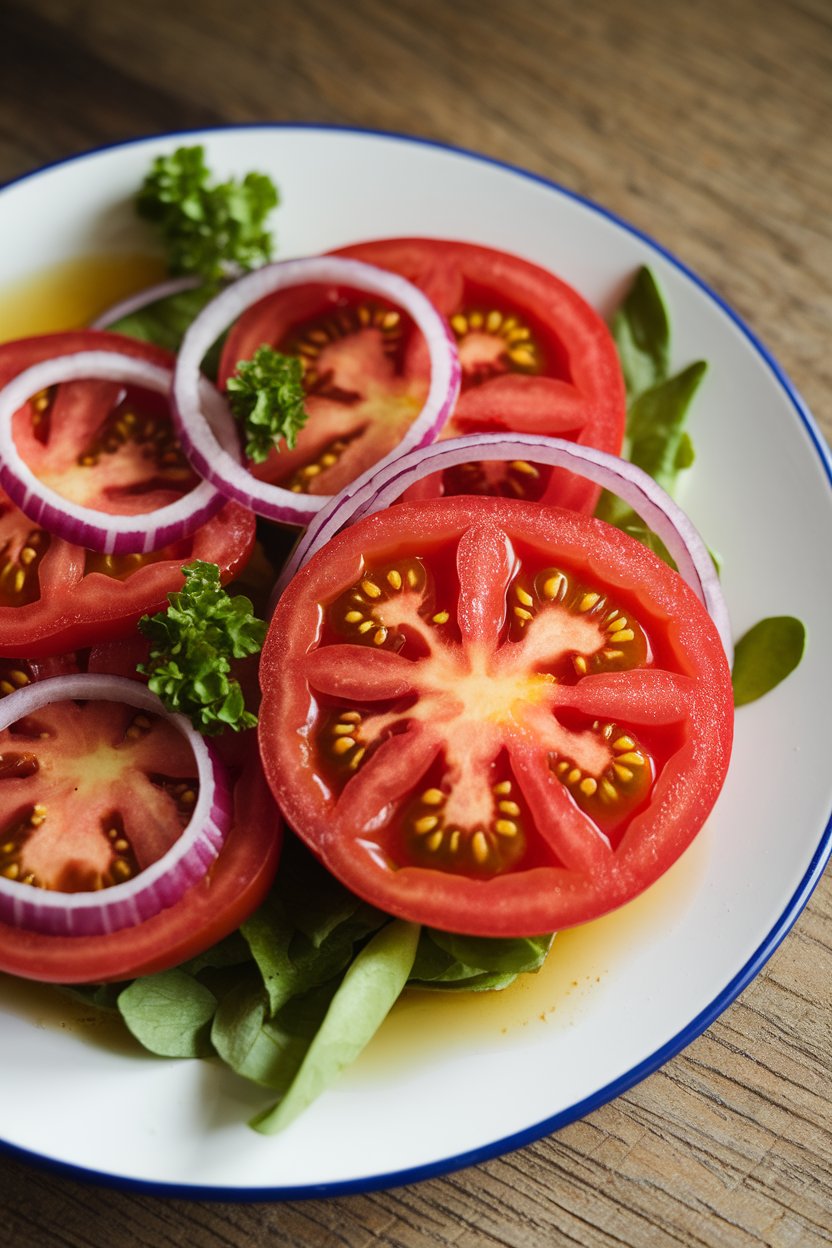 Indoor salad plate with thick heirloom tomato slices, thin red onion rings, and parsley, light vinaigrette glistening. Photo, no text or logos.