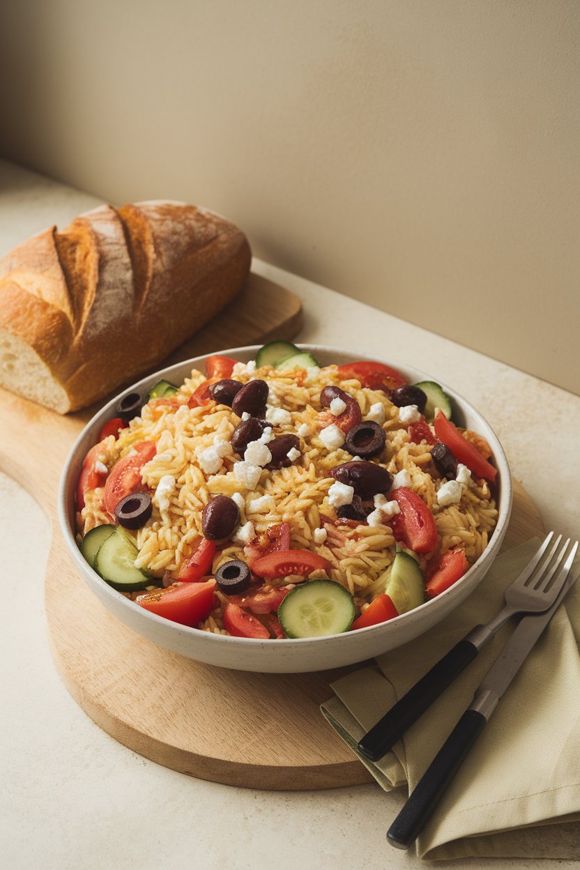 An indoor lunch setup displaying a large serving bowl of orzo mixed with tomatoes, cucumbers, olives, and crumbled feta. No text or logos. Photo, not illustration.