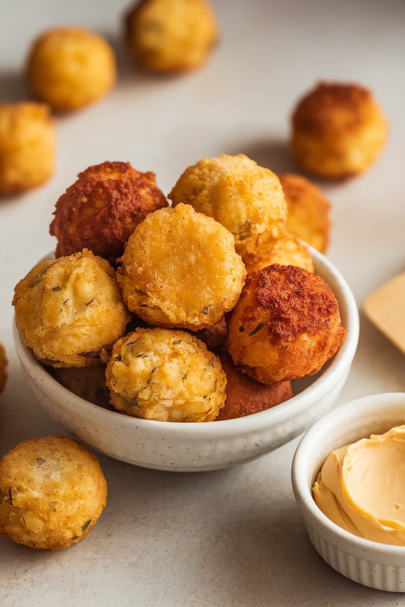Indoor photo of round cornmeal hushpuppy bites piled in a small bowl with a side of honey butter; no text or logos