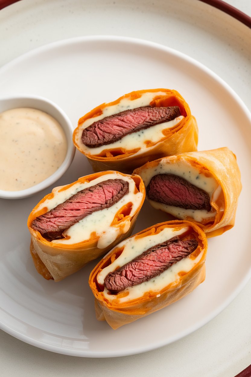 Indoor photo of halved egg rolls showing melted cheese and thin-sliced steak inside, served with a small dish of creamy sauce; no text or logos