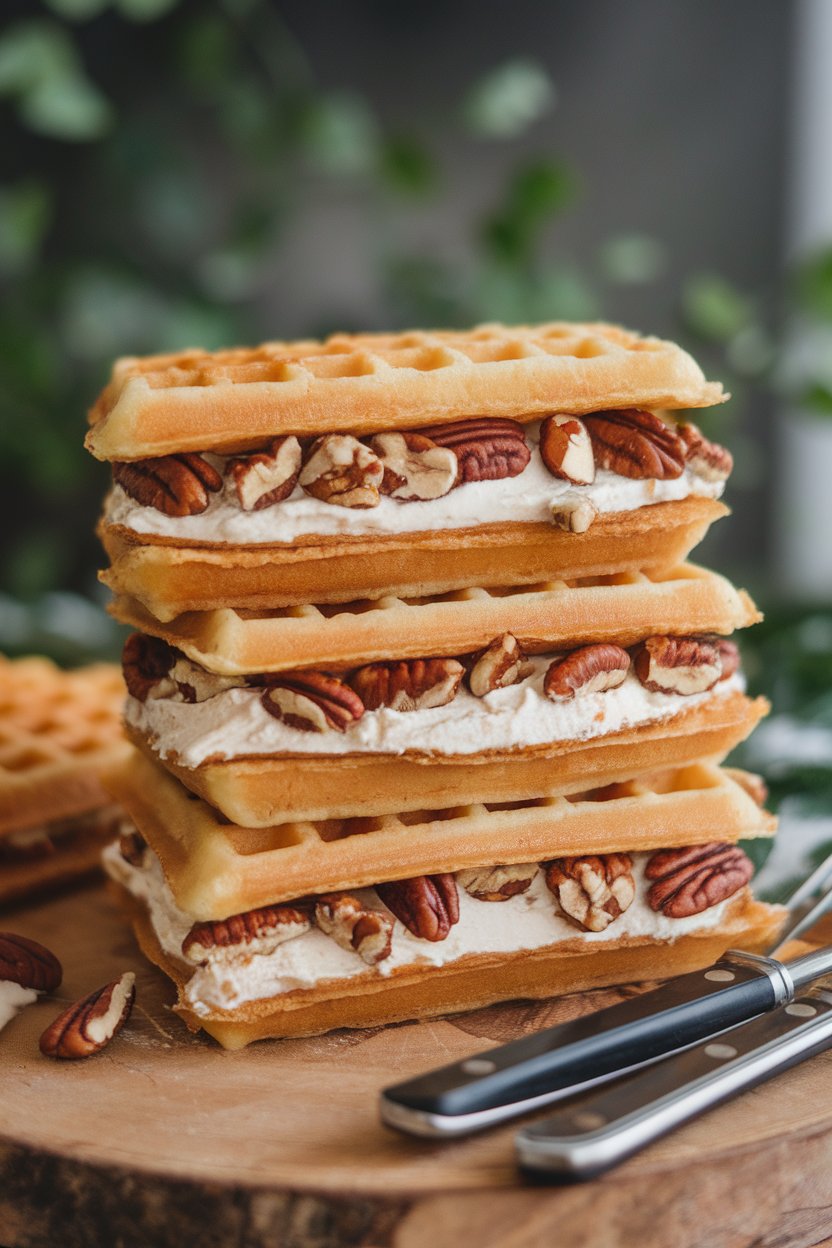 Indoor stacked waffle sandwiches filled with maple cream cheese and pecan pieces, no branding.