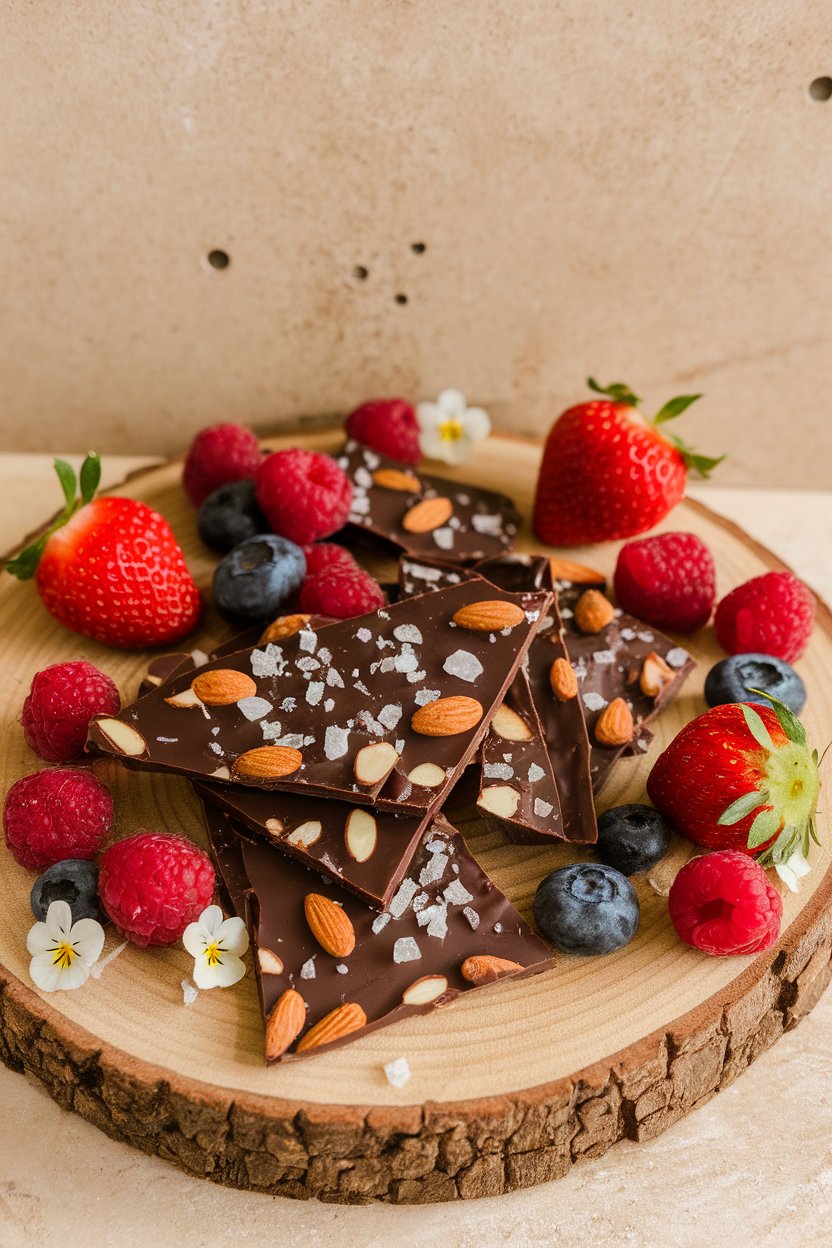 An indoor dessert board with broken pieces of dark chocolate bark studded with almonds and sea salt; no text or logos. Photo only.