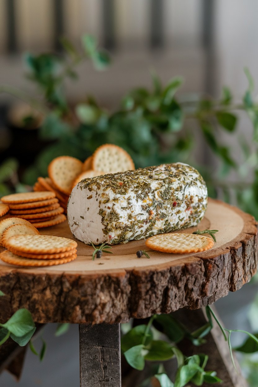 Indoor board with goat cheese log coated in mixed herbs and pepper, crackers nearby, no text or logos