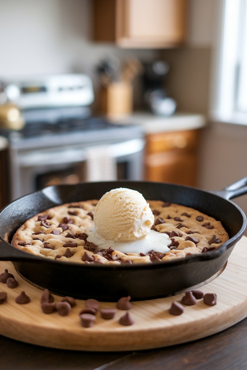 Indoor photo of a large cast-iron skillet holding a gooey chocolate chip cookie, a scoop of vanilla ice cream melting in the center; no text or logos.