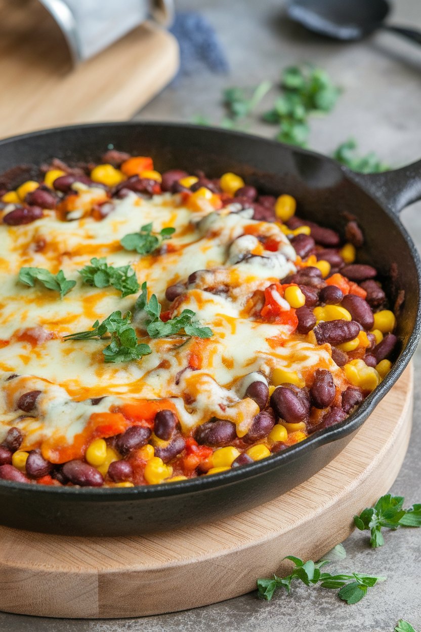 Indoor photo of a skillet filled with saucy black beans, corn, and peppers, melted cheese on top. No text or logos visible.