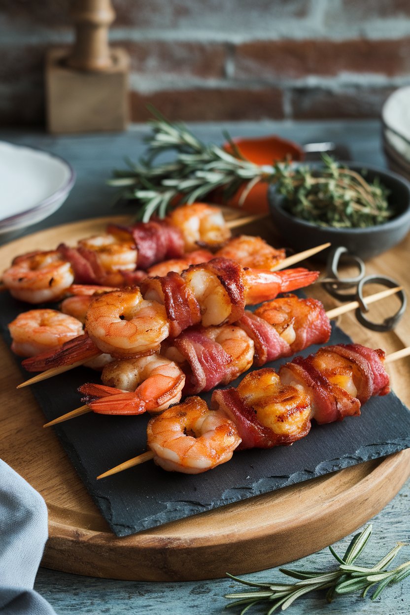 Indoor photo of skewered bacon-wrapped cooked shrimp on a slate plate, brushed with glaze; no text or logos