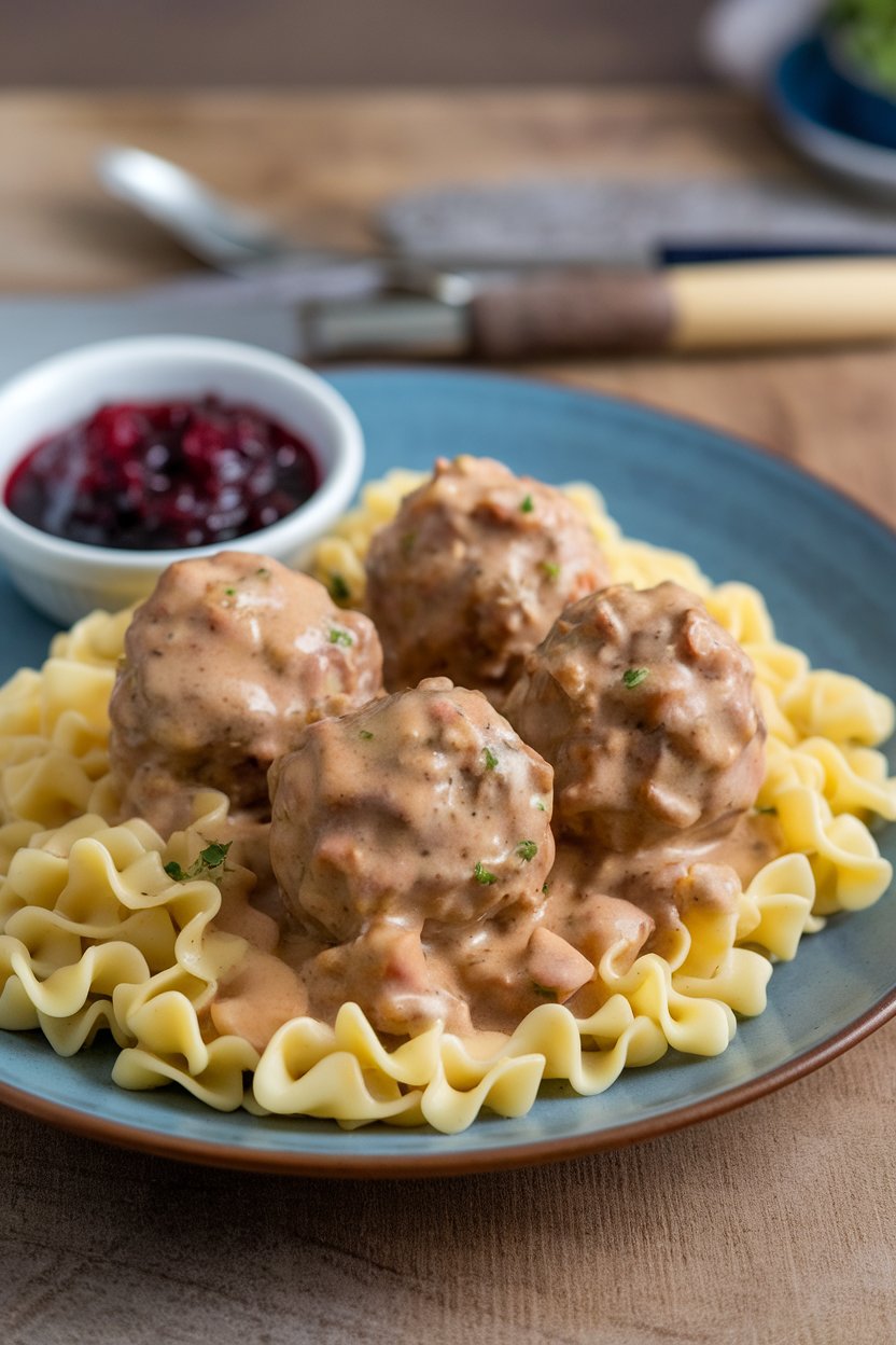 An indoor dining table with Swedish meatballs coated in creamy sauce, lingonberry jam on the side, served over egg noodles. No logos or text. Photo.