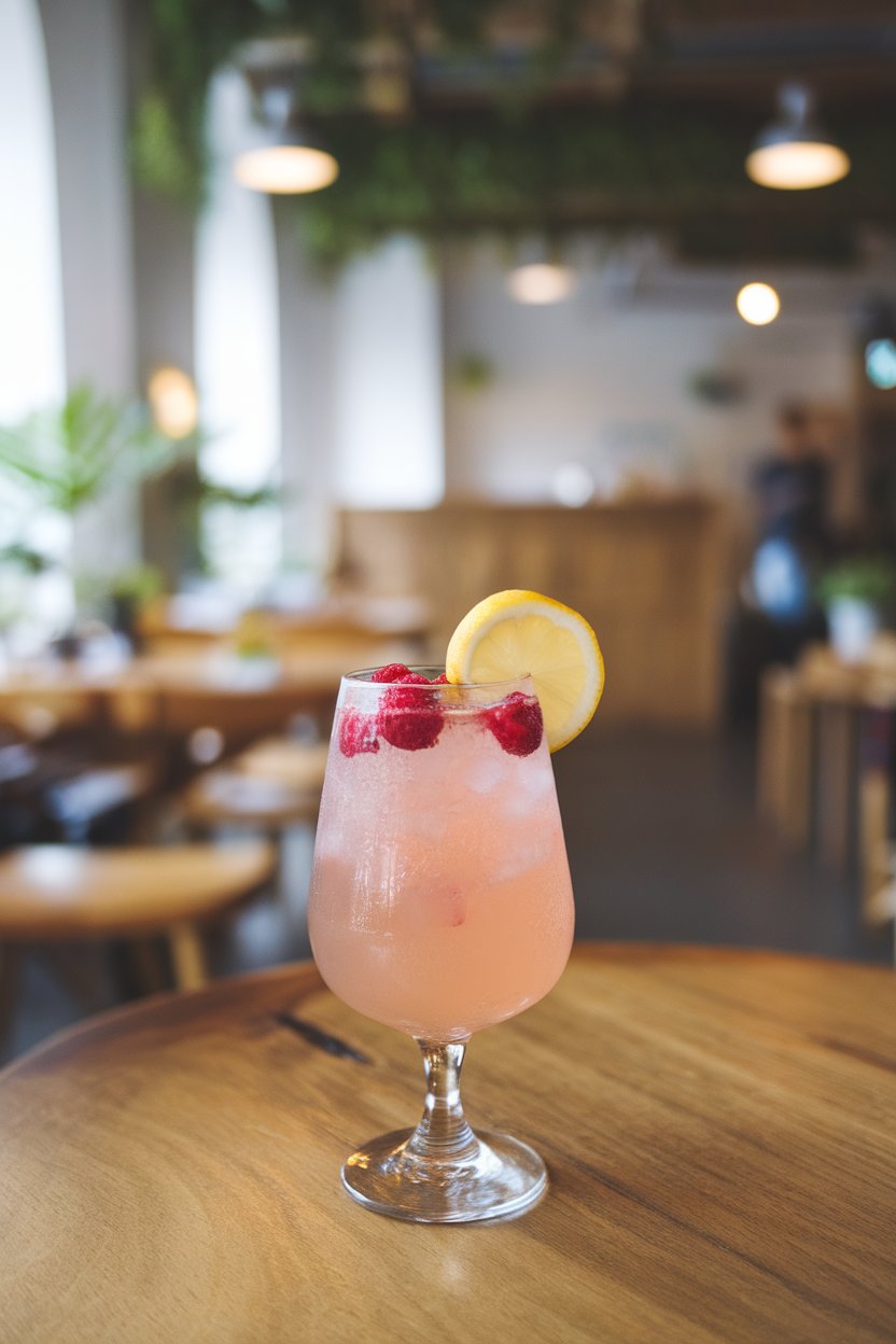 An indoor health-oriented cafe with stemless flute of pale-pink kombucha, raspberries bobbing, lemon twist; photo, not illustration; no text or logos.