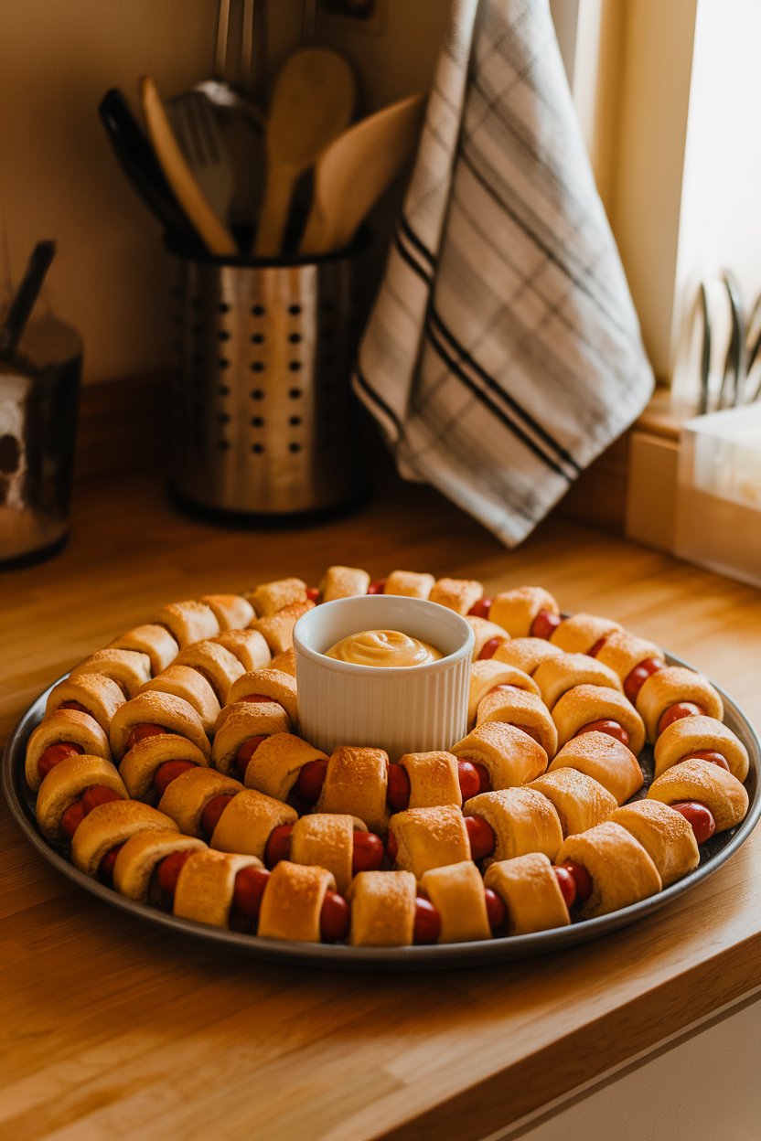 A warmly lit indoor kitchen counter showing crescent-roll wrapped mini hot dogs arranged in a spiral on a round tray with a cup of mustard in the center—no text or logos. Photo, not illustration.