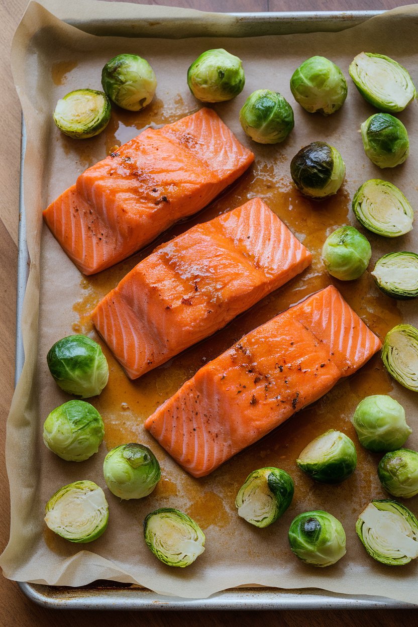Indoor photo of a parchment-lined sheet pan featuring glazed salmon fillets and halved Brussels sprouts, both lacquered in a shiny maple-mustard sauce. No text or logos anywhere.