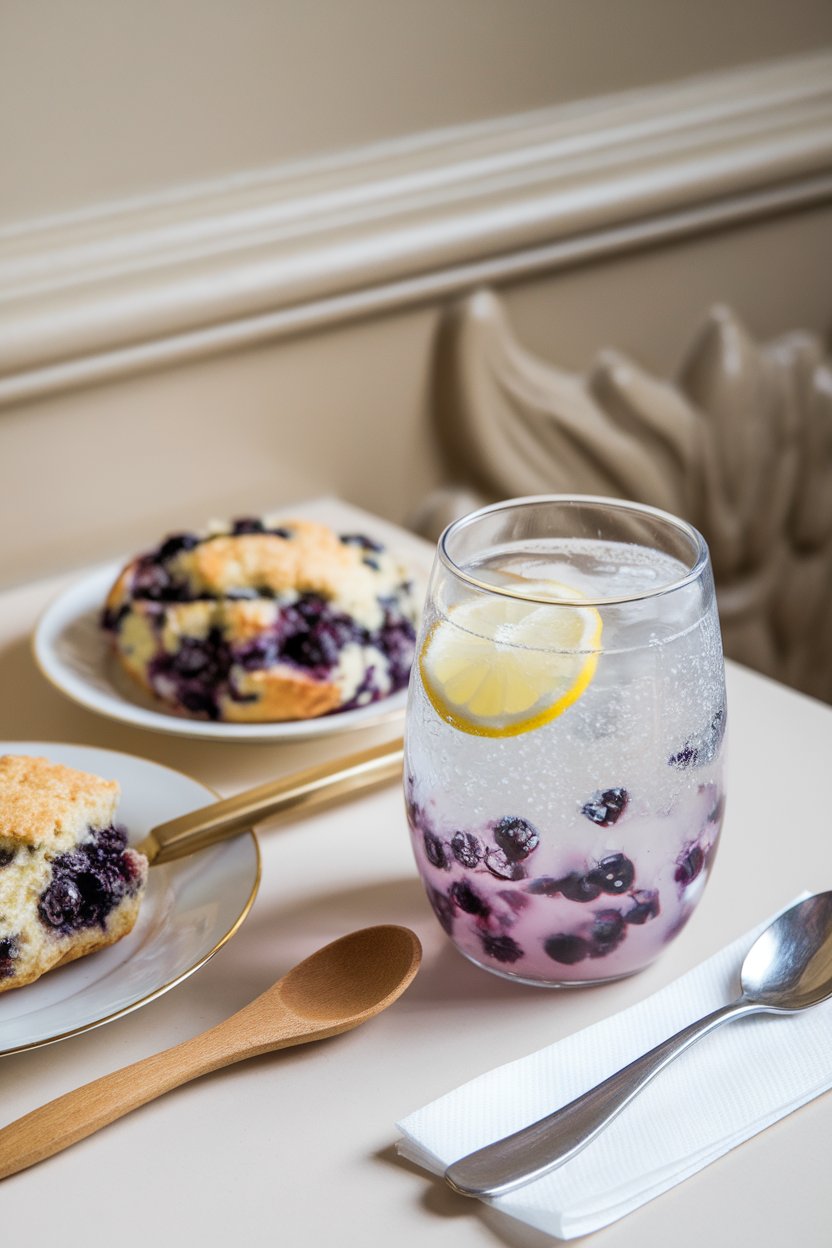 An indoor breakfast table featuring a clear tumbler of effervescent blueberry kefir with lemon slice floating inside. No logos or text. Photo.