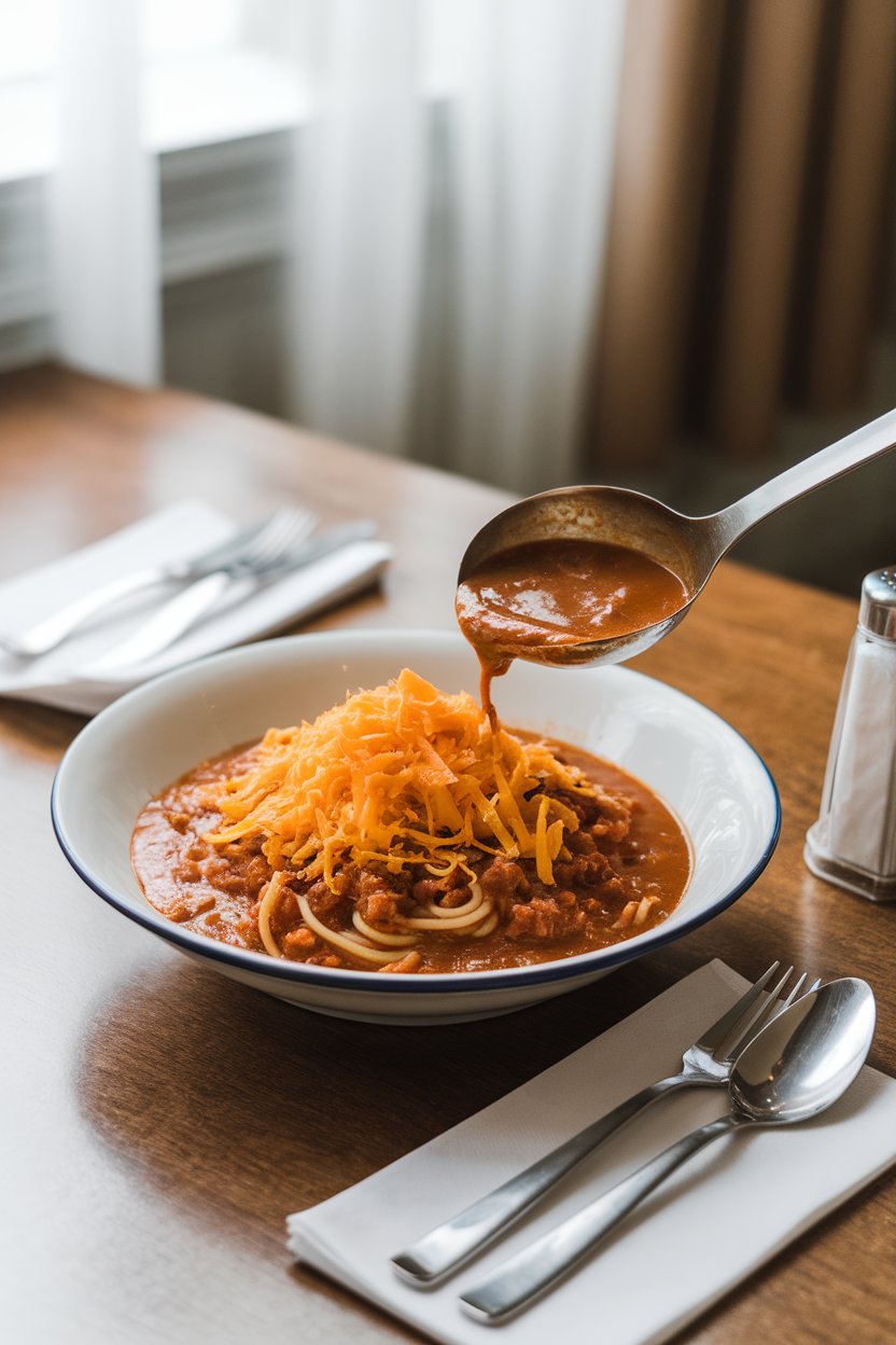 An indoor dining table featuring a bowl of thin Cincinnati-style chili ladled over spaghetti, topped with a mound of shredded cheddar. No text or logos present.