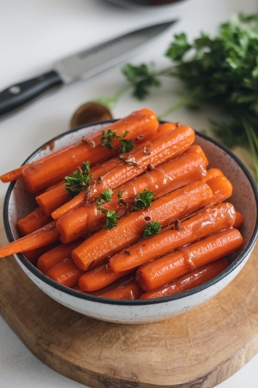 Indoor serving bowl of roasted carrot sticks glazed in shiny maple butter, parsley sprinkled on top. No text or logos.
