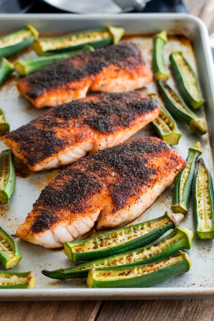 Indoor photo of cooked catfish fillets dusted with blackening spice alongside roasted okra pods on a sheet pan. No text or logos.