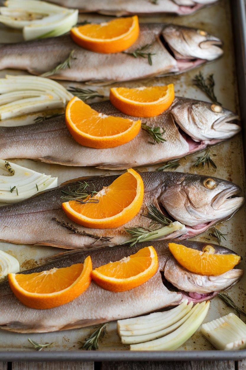 Indoor photo of whole trout fillets topped with orange slices, fennel wedges roasted nearby on a sheet pan; no logos