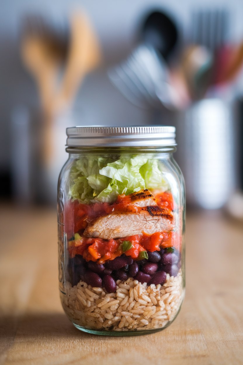 Photo of a mason jar filled from bottom to top with salsa, brown rice, black beans, grilled chicken, and shredded lettuce, photographed indoors. No text or logos.