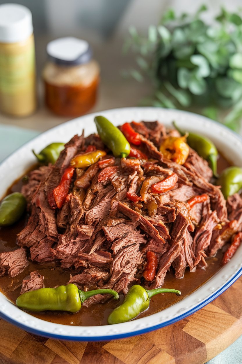 An indoor serving platter of shredded pot roast with pepperoncini peppers, gravy pooling underneath; photo only, no text or logos.