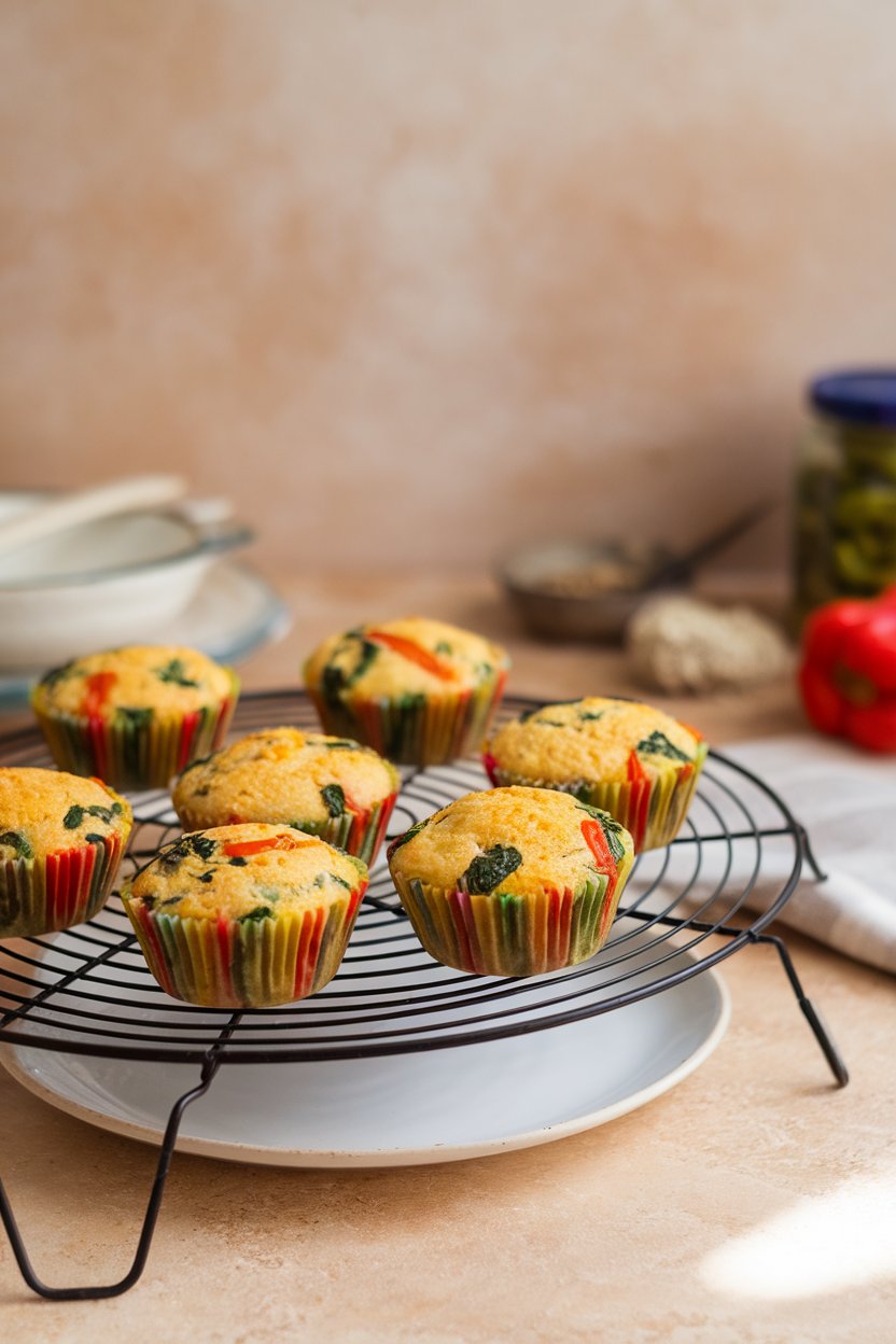 Photo indoors of a cooling rack with colorful egg white muffins studded with spinach and bell peppers, no logos.