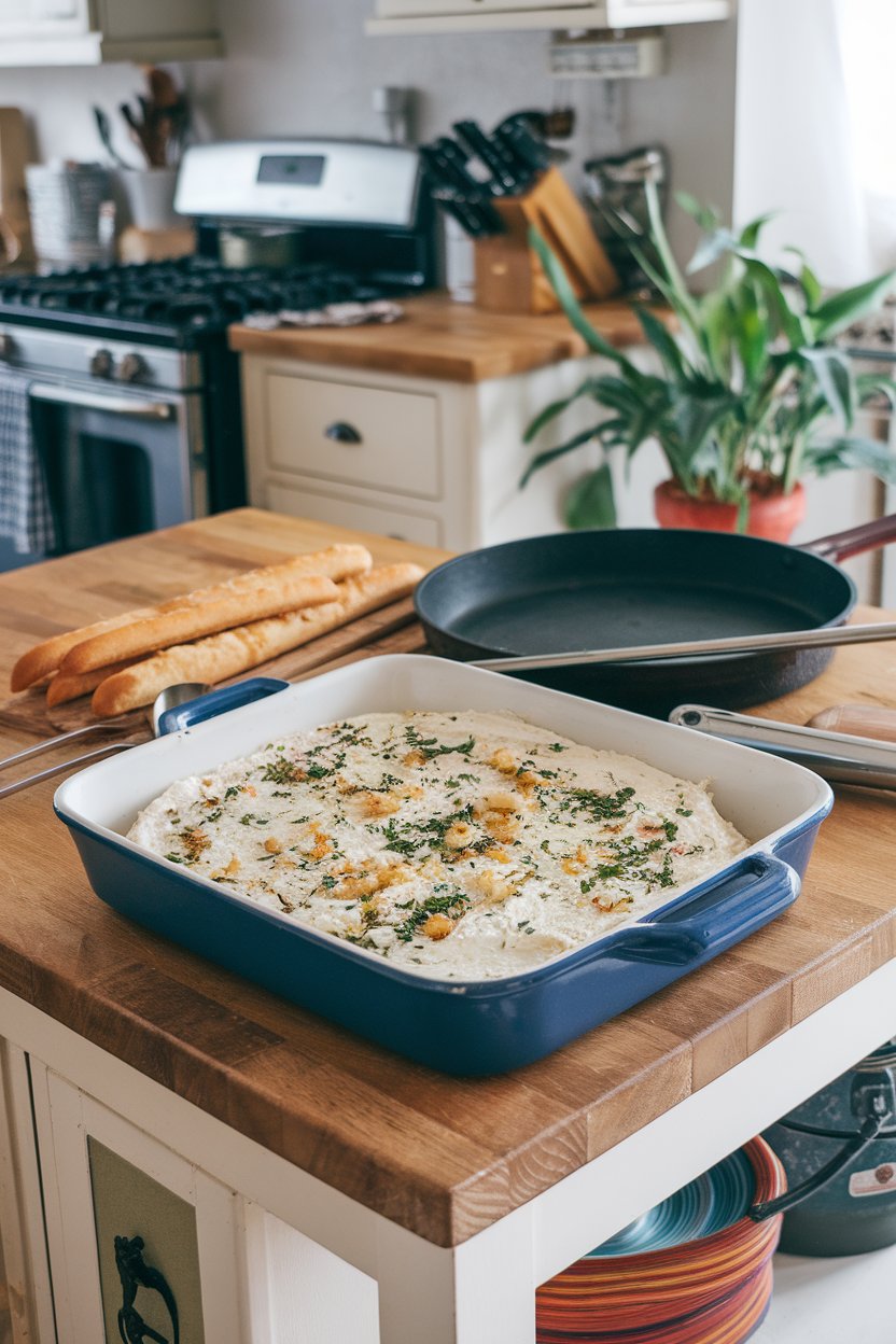 Indoor kitchen island showing a baking dish of white pizza ricotta dip speckled with garlic and herbs, breadsticks beside it. No branding or text.