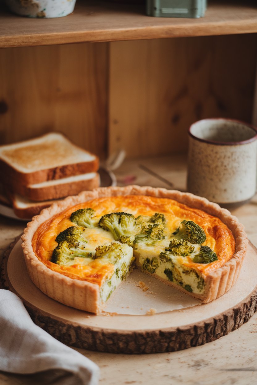A rustic indoor breakfast nook scene with a sliced broccoli cheddar quiche on a wooden board, flaky crust and vibrant green florets visible. No text or logos. Photo, not illustration.