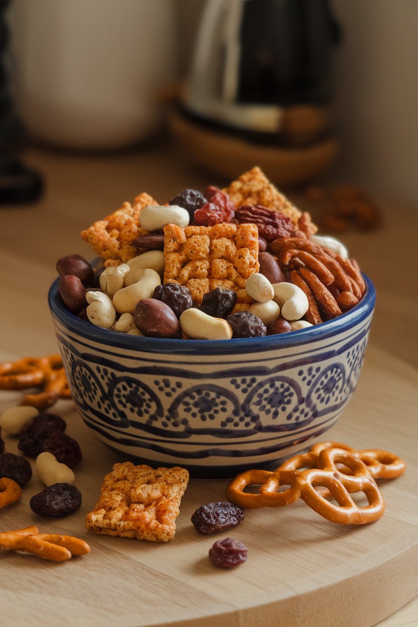 Indoor photo of a ceramic bowl filled with mixed nuts, Cajun-spiced cereal squares, pretzels, and dried fruit; no text or logos