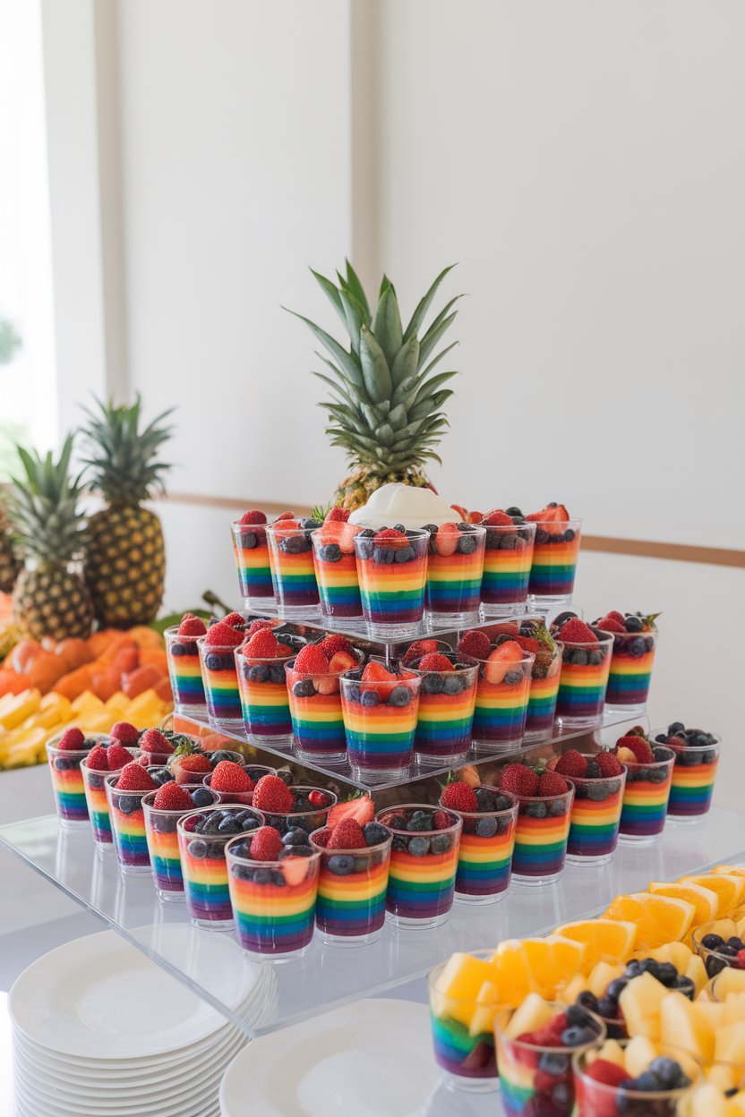 An indoor buffet table with clear cups layered in rainbow fruit stripes, dollop of white yogurt on top. No text or logos.