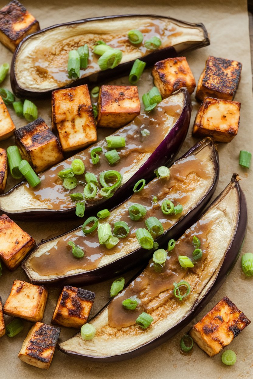 Indoor photo of roasted eggplant wedges brushed with miso glaze, cubed tofu browned alongside, sprinkled with scallions. No text or logos present.