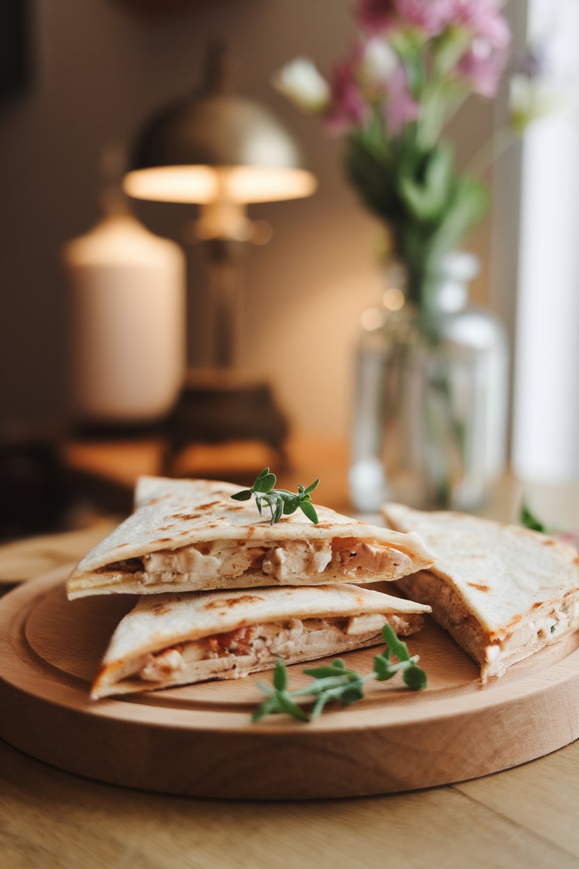 Warm indoor scene displaying Greek-style chicken and feta quesadilla triangles, oregano on top, no branding.
