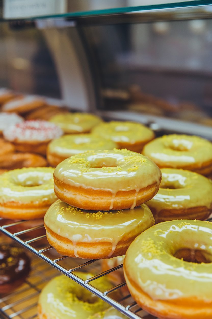 An indoor pastry case with yeast-raised donuts coated in shiny lime glaze, zest sprinkled on top, no text or logos. Photo only.