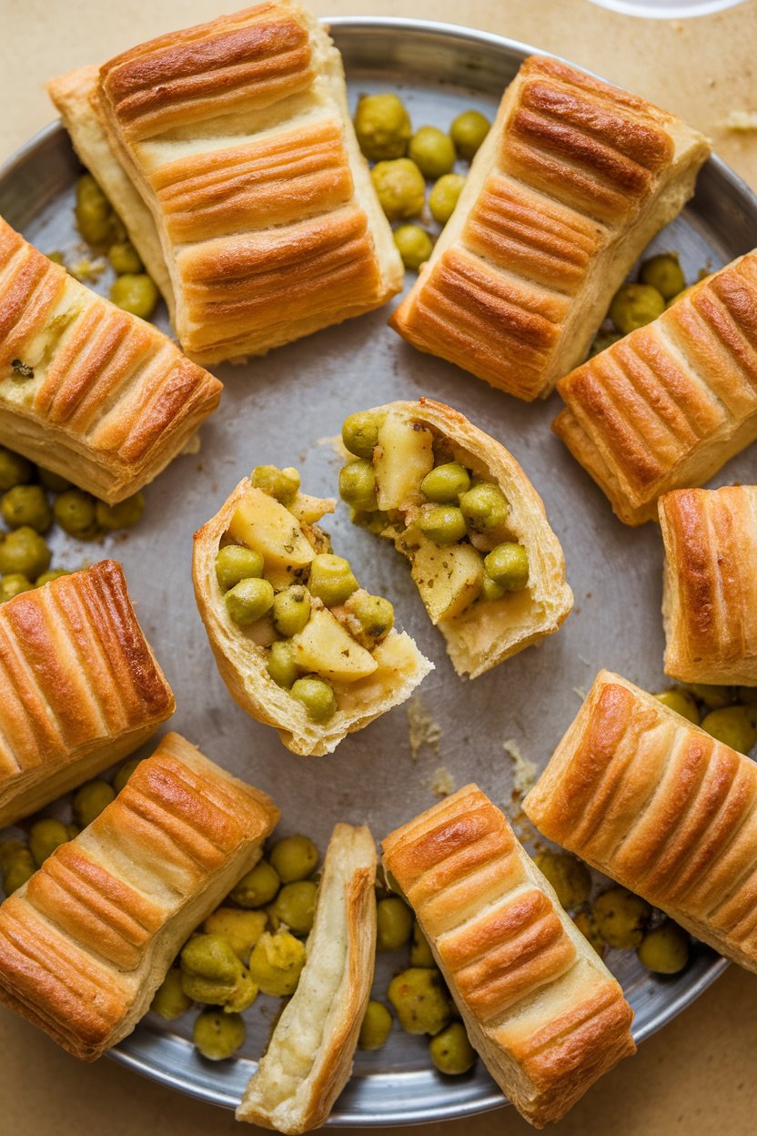 Indoor photo of puff-pastry bites filled with spiced potato and peas, one broken open to show filling. No text or logos.