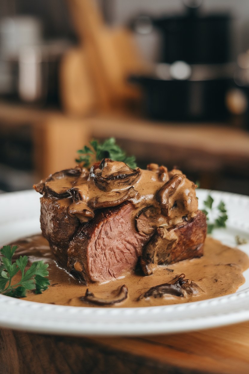 Indoor photo of short ribs in creamy porcini sauce, parsley garnish; no text or logos