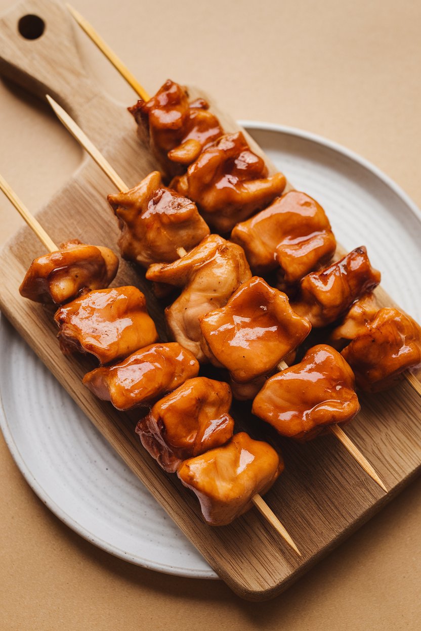 Indoor photo of wooden skewers threaded with glossy teriyaki chicken chunks, placed on a serving board, no text or logos.