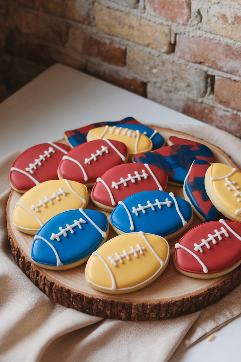 Indoor photo of sugar cookies iced in team colors and football shapes, no text or logos.