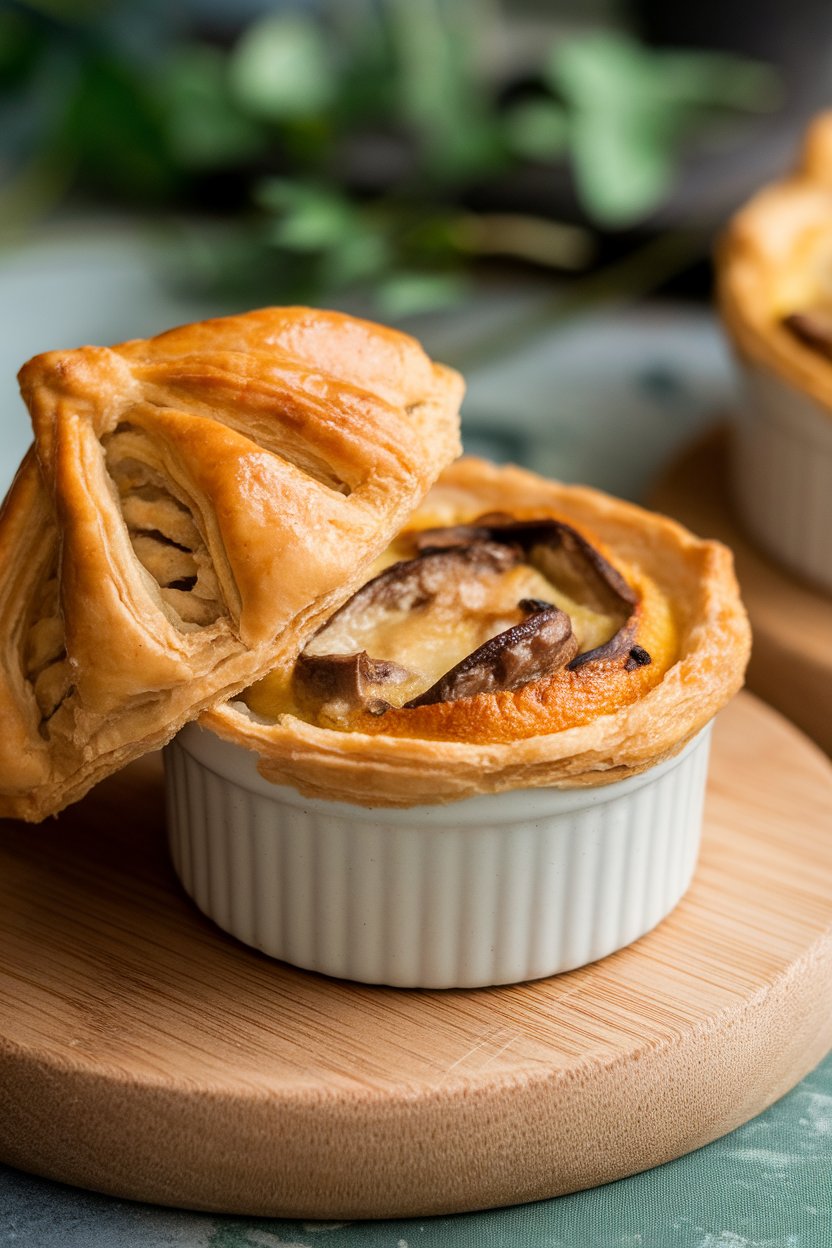A small indoor ramekin topped with golden puff pastry, a spoon revealing creamy mushroom and leek filling beneath. No logos or text. Photo.