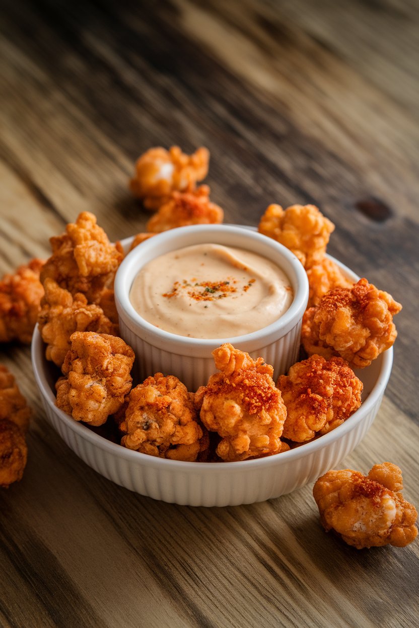 Indoor photo of a bowl of bite-sized Cajun-spiced popcorn chicken with a ramekin of creamy dipping sauce. No text or logos.