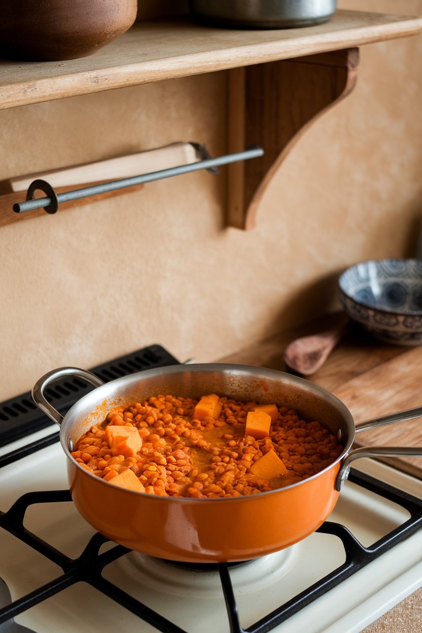 Indoor stovetop scene with a saucepan of orange lentil curry dotted with sweet potato chunks. No text or logos.