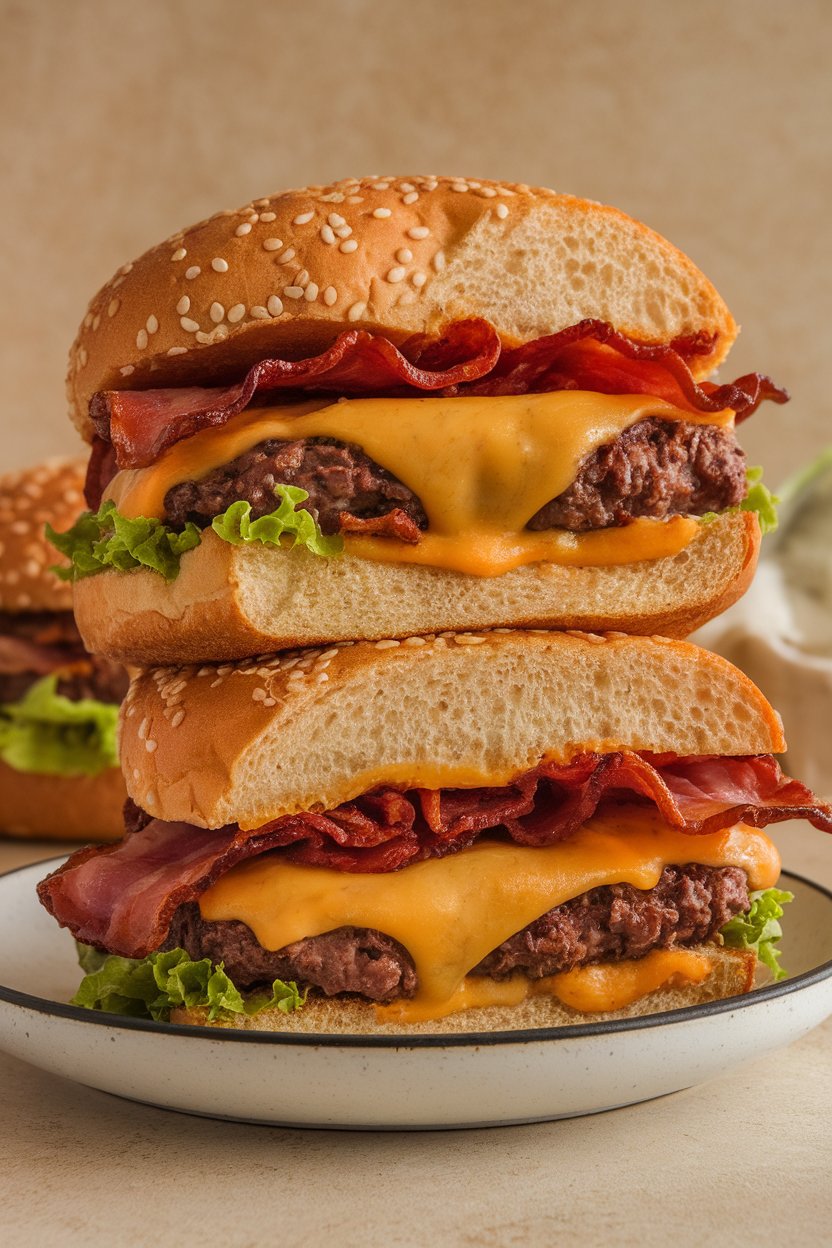 Indoor photo of thick burgers with melted smoked Gouda and crispy bacon on sesame buns, lettuce peeking out; no text or logos.