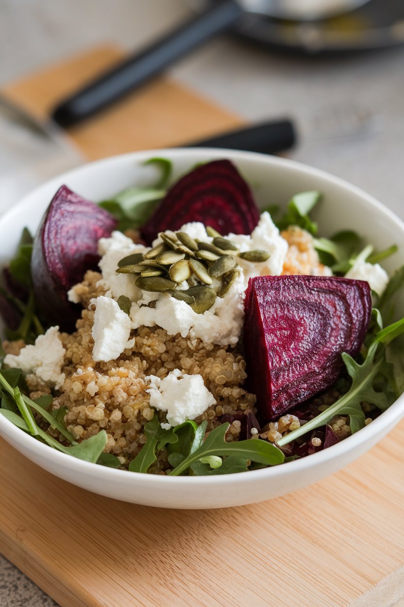 Indoor photo of a salad bowl featuring roasted beet wedges, fluffy quinoa, arugula, and crumbled goat cheese. No text or logos.