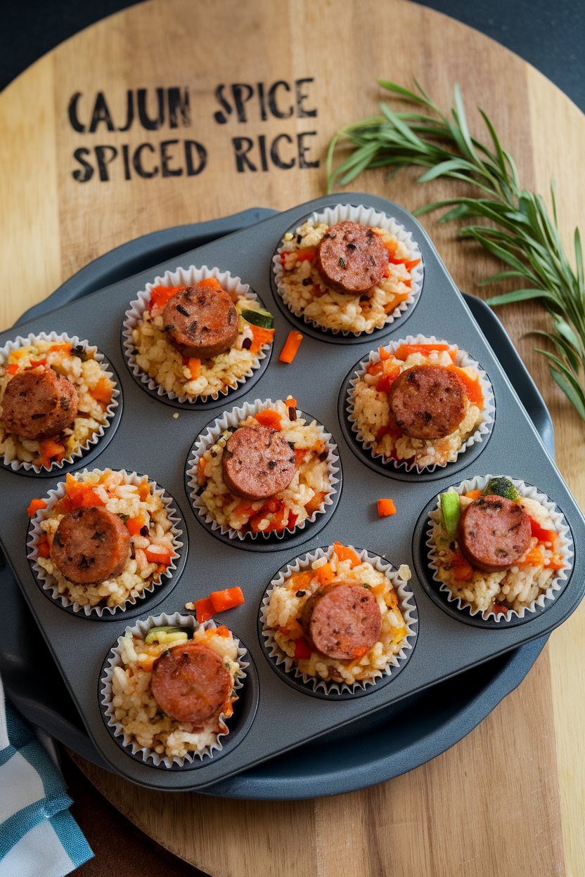 Indoor photo of muffin-tin rice cups packed with Cajun spiced rice, sausage, and veggies on a platter; no text or logos.