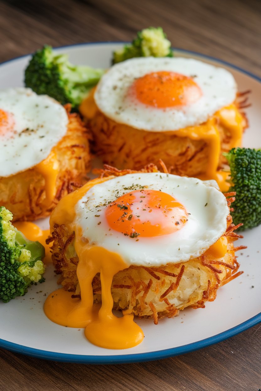 Indoor plate of hash brown nests filled with egg, broccoli, and melted cheddar, no brand markings.
