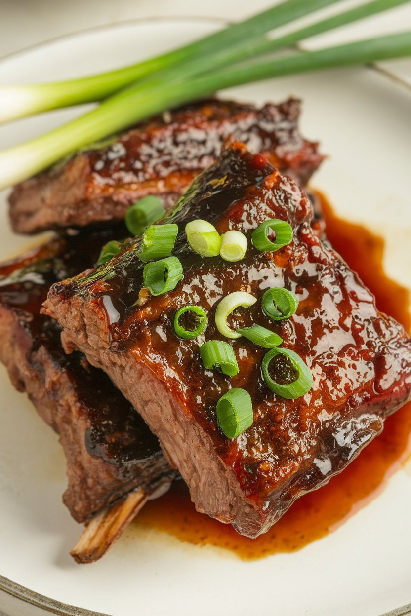 Indoor photo of short ribs coated in dark soy-black garlic glaze, green onion garnish; no text or logos