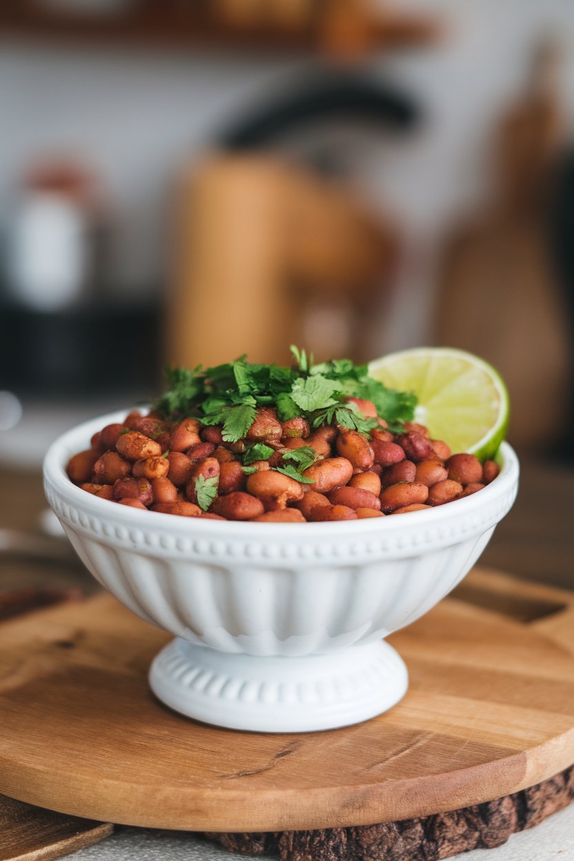Indoor serving bowl of seasoned pinto beans topped with chopped cilantro and lime wedge. No text or logos.