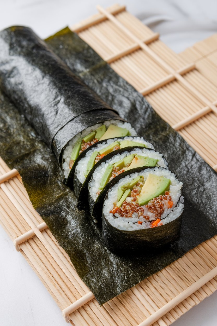 An indoor sushi mat holding nori sheets rolled around quinoa, avocado, and julienned veggies, sliced into pieces; no text or logos.